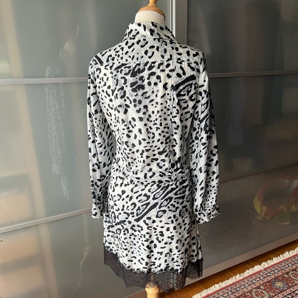 Long Sleeve Silk Snow Leopard Print Dress with Buttoned Top & Eyelash Lace Trim - Picture 6 of 13